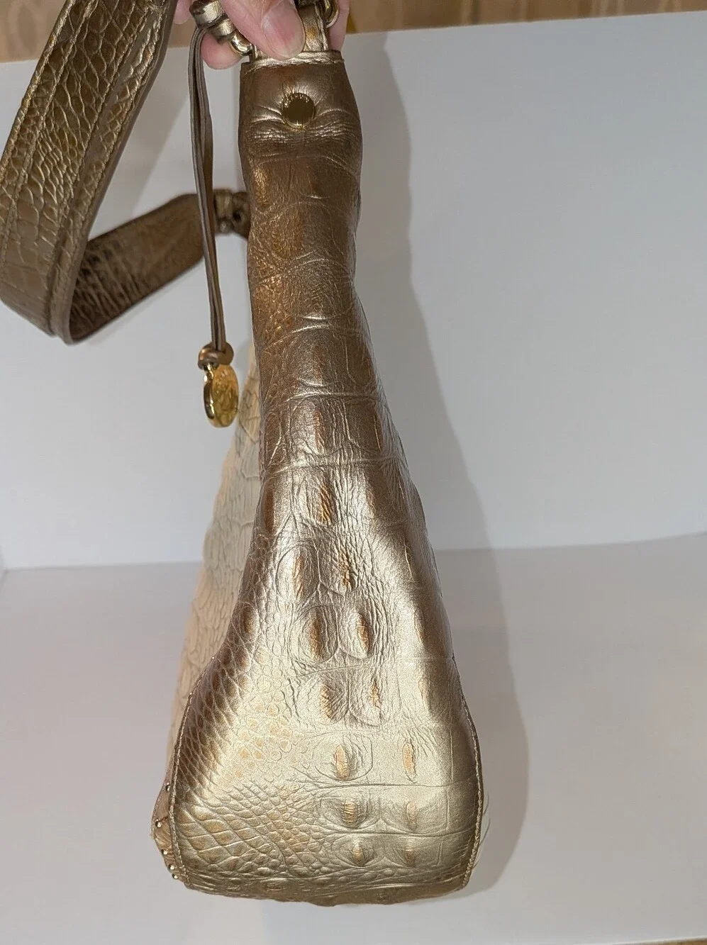 Brahmin Amira Hobo Shoulder Bag Leather Croc Embossed Champagne Koubba